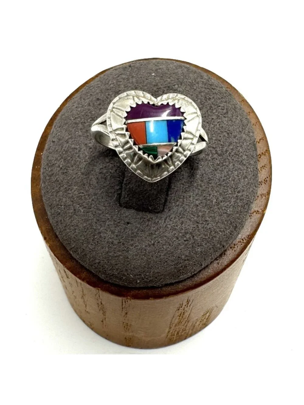 Sterling Silver 925 Multi Gemstone Inlay Heart Shaped Statement Ring Size 4.5